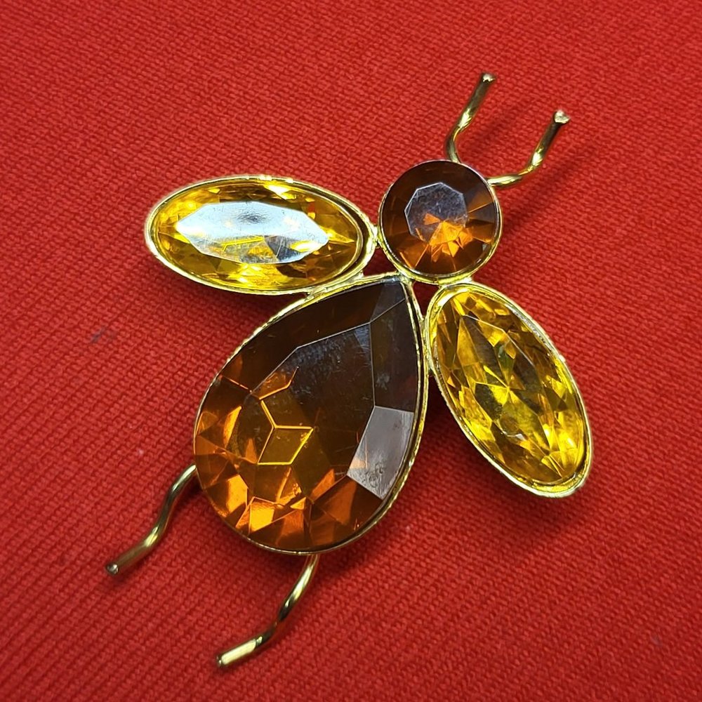 VTG Bee Brooch Lucite Citrine Topaz Orange Golden Yellow Faceted Large Insect Cr - Picture 12 of 12